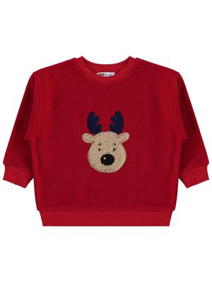 Civil Erkek Çocuk Geyik Nakışlı Sweatshirt | Polar Uzun Kol | Okul Kreş ve Günlük Kullanım - Kırmızı