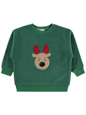 Civil Erkek Çocuk Geyik Nakışlı Sweatshirt | Polar Uzun Kol | Okul Kreş ve Günlük Kullanım - Yeşil