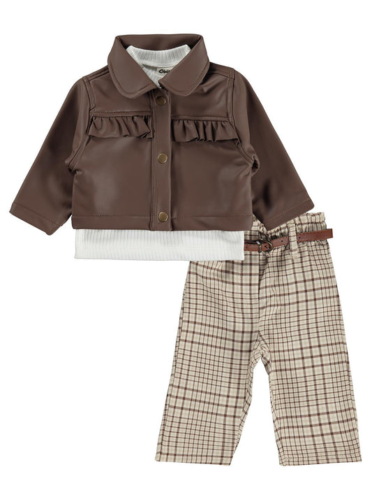 Civil Baby Deri Roba Fırfırlı 6-18 Ay Takım - Kahverengi