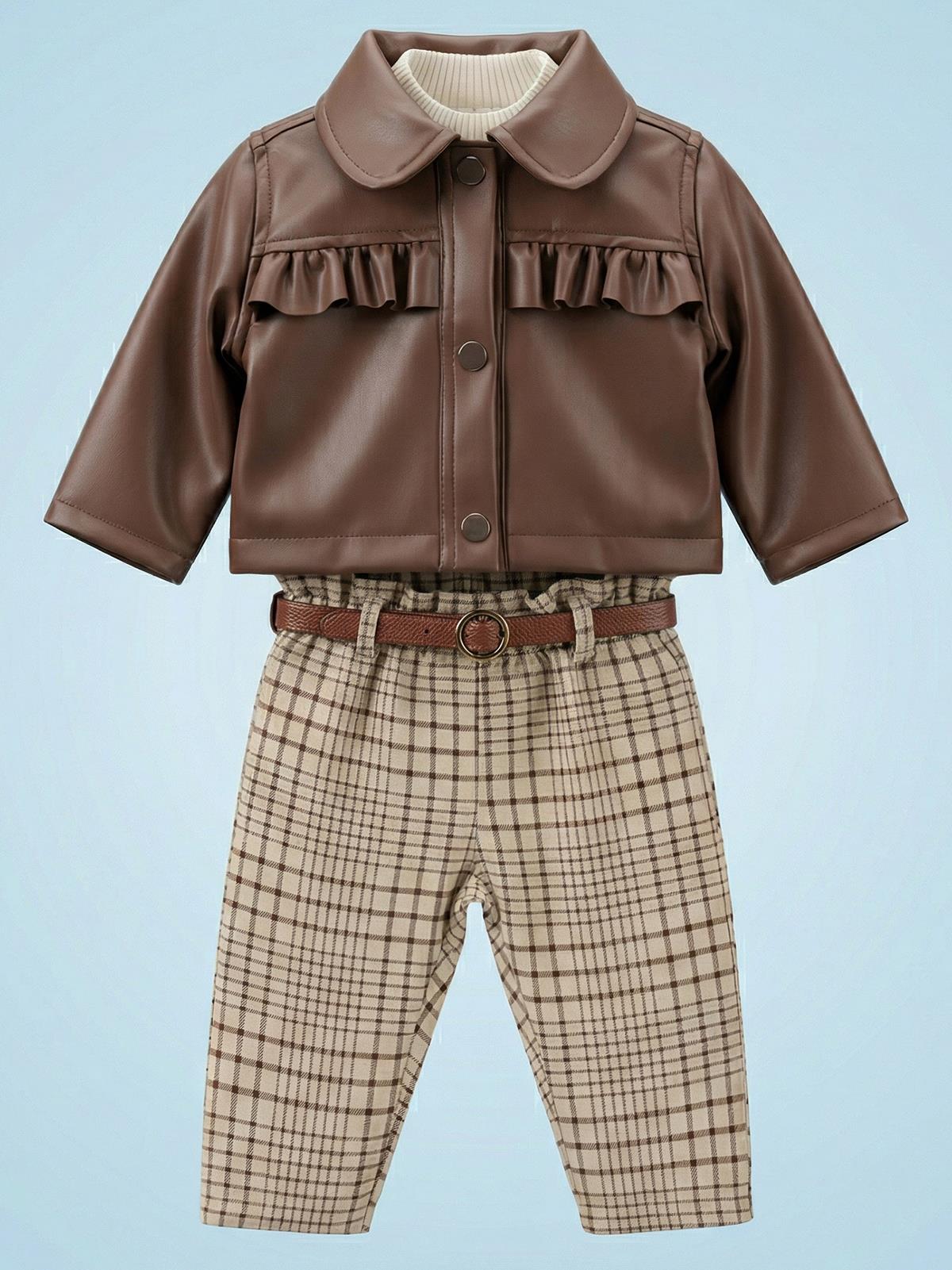 Civil Baby Deri Roba Fırfırlı 6-18 Ay Takım - Kahverengi