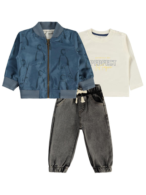 Concept Penguen Baskılı Pilot Ceketli 3'lü 6-18 Ay Takım - Mavi