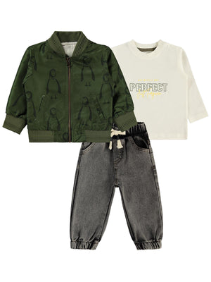 Concept Penguen Baskılı Pilot Ceketli 3'lü 6-18 Ay Takım - Yeşil