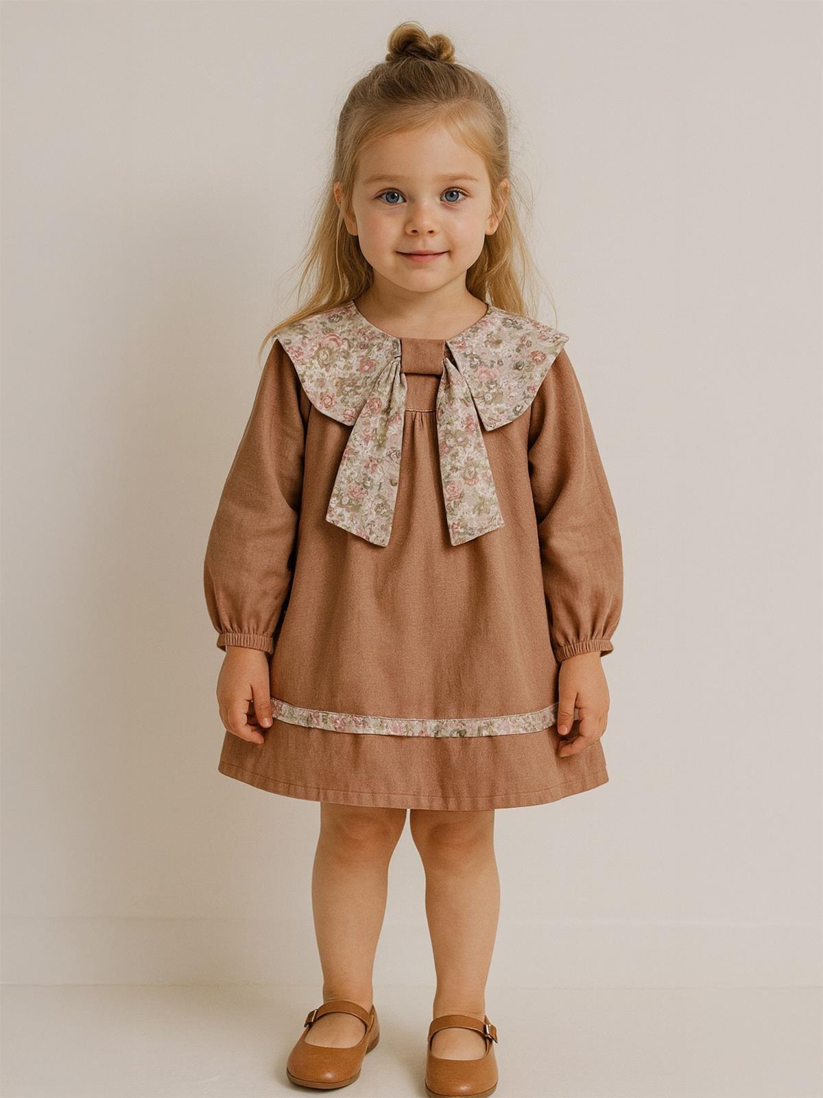 Cocoland Fiyonk Yaka Kolları Büzgülü 2-5 Yaş Elbise - Bej