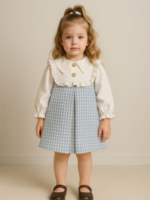 Cocoland Düğmeli Yaka kollları Büzgülü 2-5 Yaş Elbise - Mavi