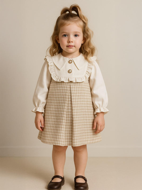 Cocoland Düğmeli Yaka kollları Büzgülü 2-5 Yaş Elbise - Bej