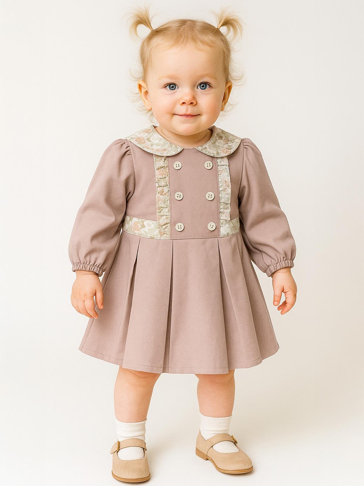 Cocoland Dantel Yaka Süs Düğmeli Pileli 6-18 Ay Elbise - Pembe