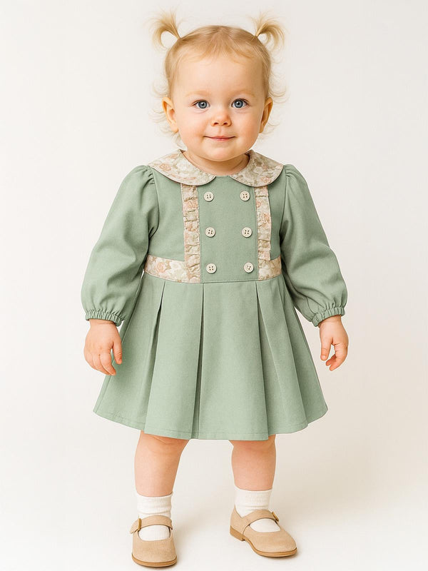 Cocoland Dantel Yaka Süs Düğmeli Pileli 2-5 Yaş Elbise - Yeşil