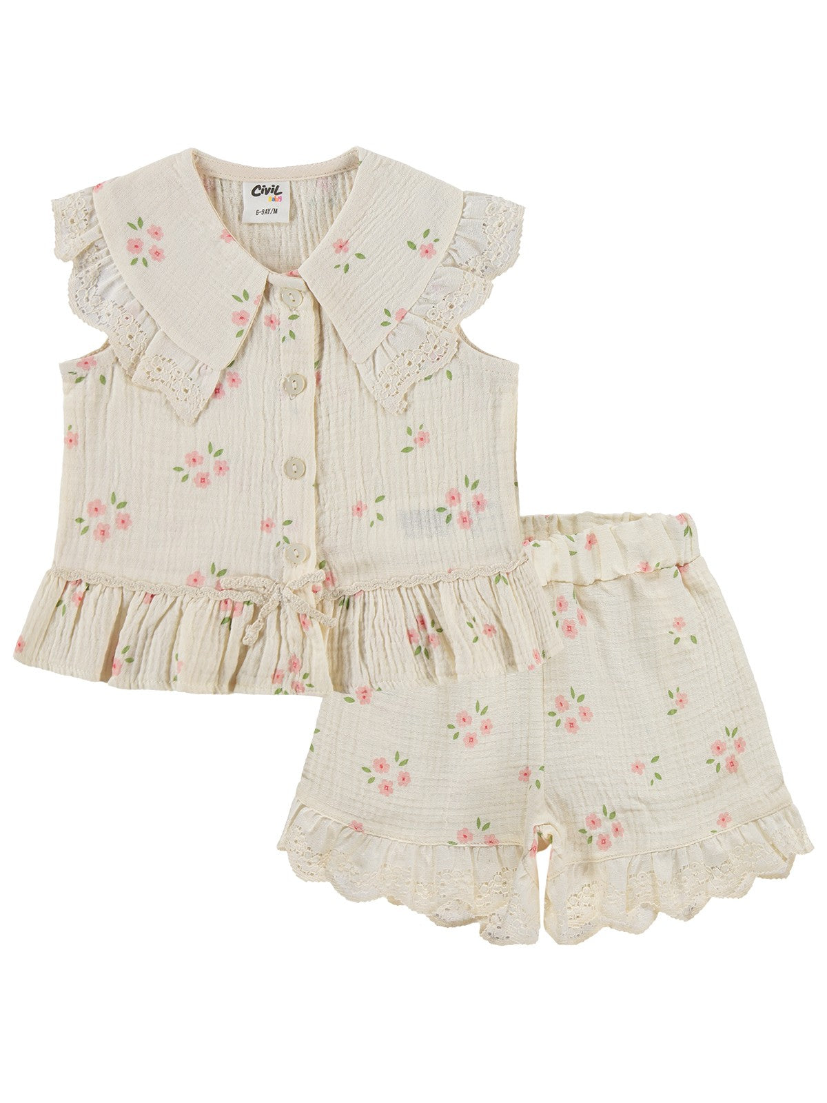 Civil Baby Çiçek Baskılı Yakalı 6-18 Ay Takım - Bej