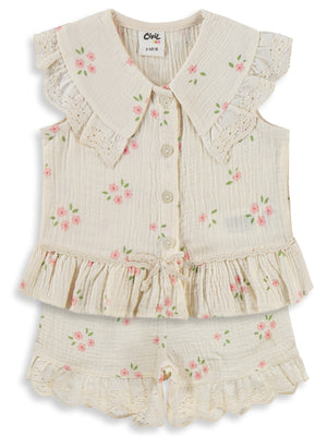 Civil Baby Çiçek Baskılı Yakalı 6-18 Ay Takım - Bej
