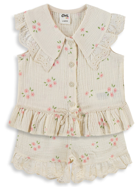 Civil Baby Çiçek Baskılı Yakalı 6-18 Ay Takım - Bej