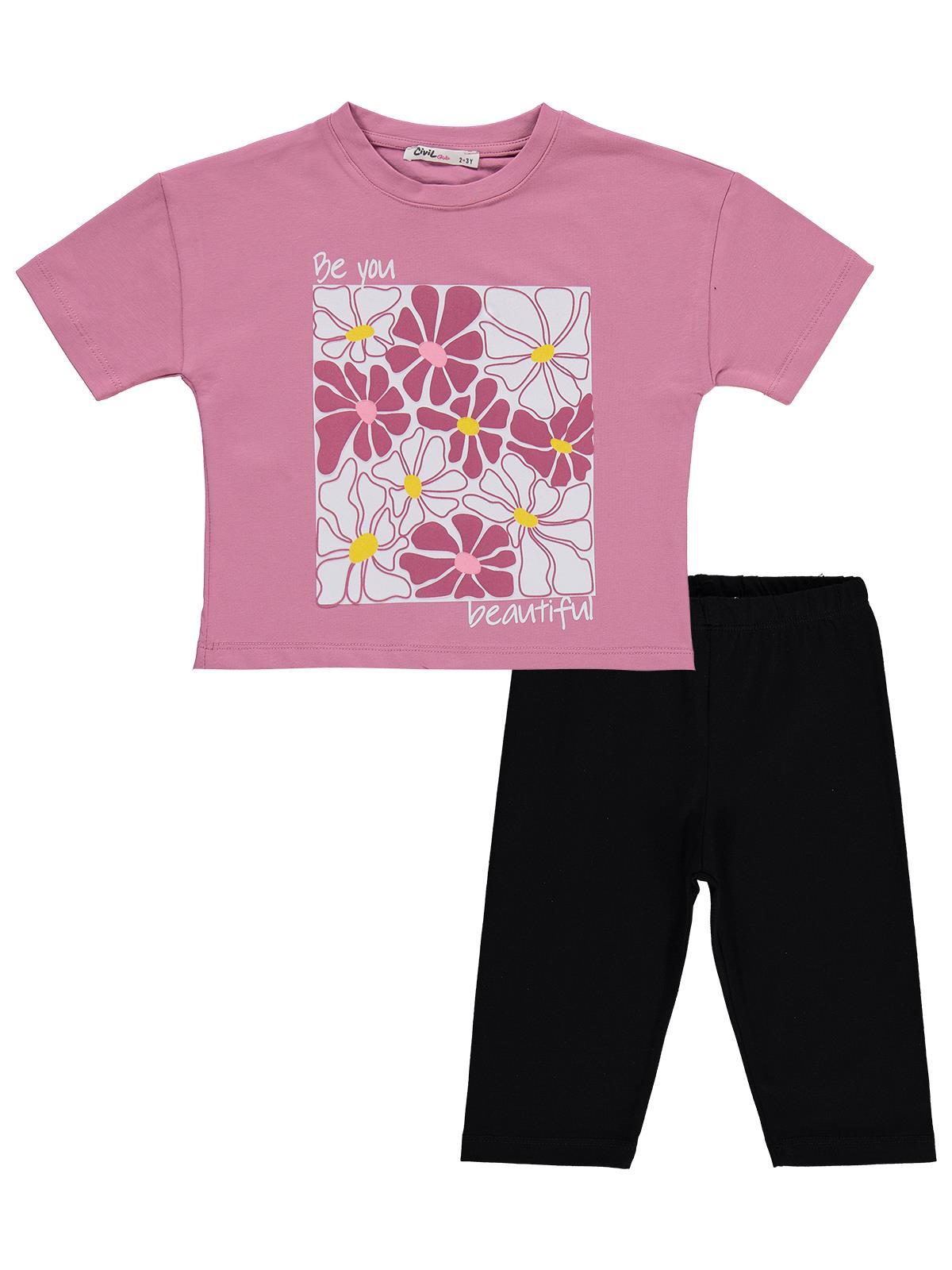 Civil Girls Renkli Çiçek Baskılı 2-5 Yaş Takım - Soft Pembe-Siyah
