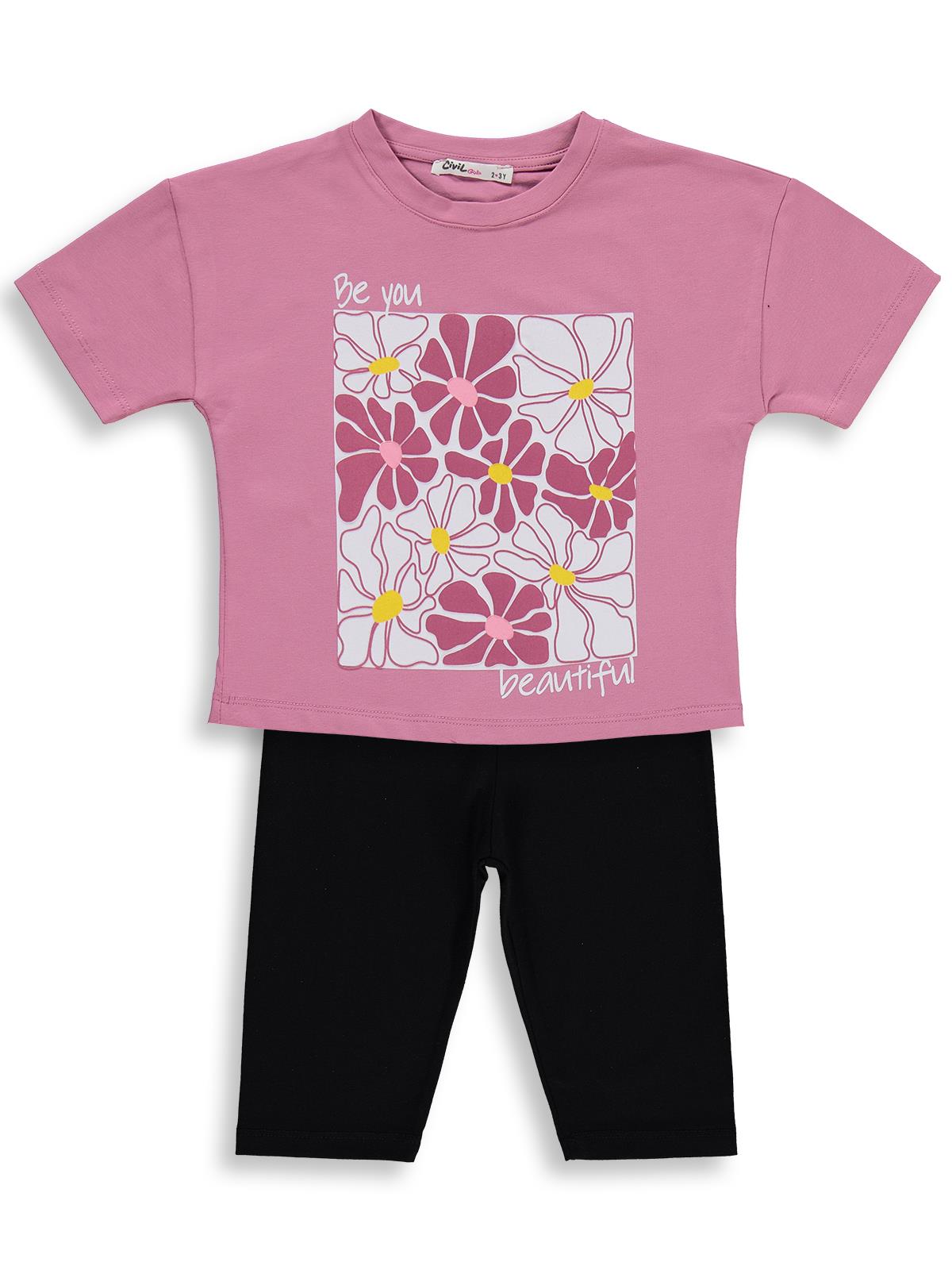 Civil Girls Renkli Çiçek Baskılı 2-5 Yaş Takım - Soft Pembe-Siyah