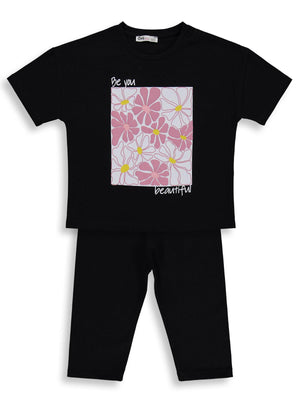 Civil Girls Renkli Çiçek Baskılı 2-5 Yaş Takım - Siyah