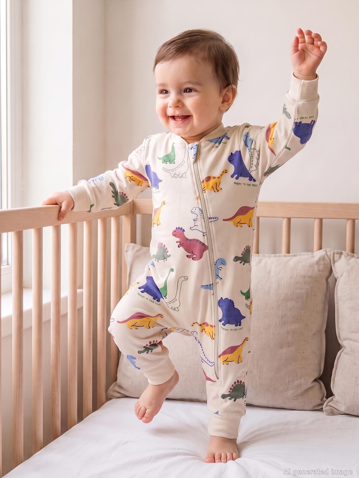 Civil Baby Dino Baskılı | 1.6 TOG Uyku Tulumu| Pamuklu Süprem | Uzun Kollu Bisiklet Yaka - Bej
