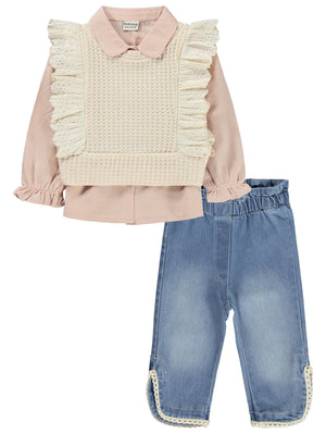 Kumru Fırfır Süeterli 3 Lü Kot 6-18 Ay Takım - Pembe