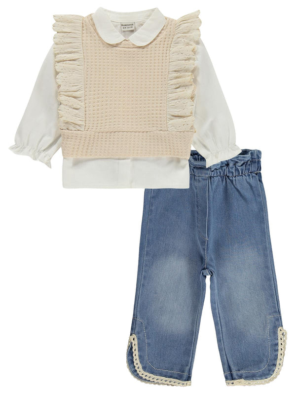 Kumru Fırfır Süeterli 3 Lü Kot 6-18 Ay Takım - Bej