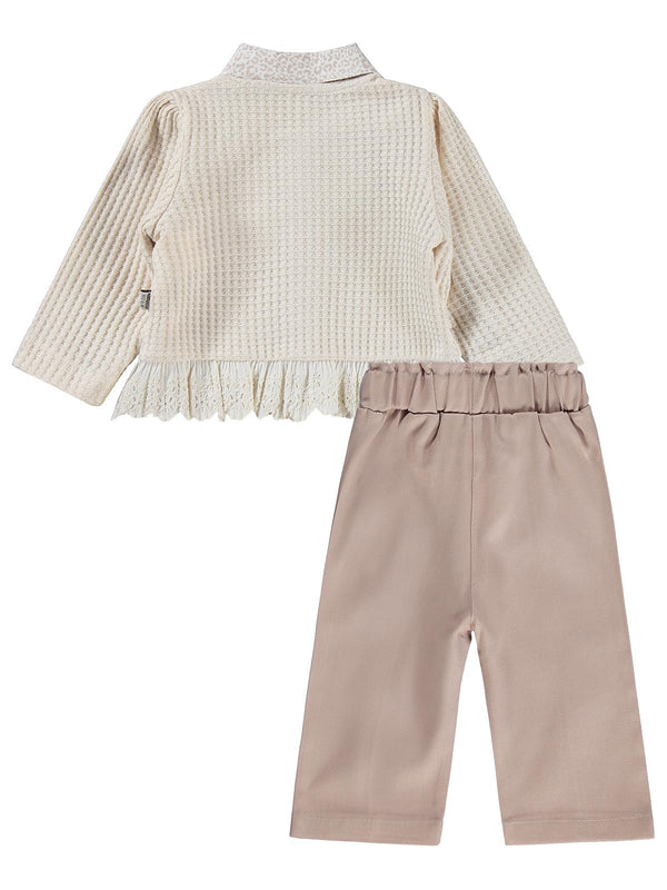 Kumru Leopar Gömlek Dantelli Hırka 3 Lü 6-18 Ay Takım - Bej