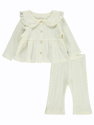 Kumru Yakası Fistolu Zincir Desenli 2 Li 6-18 Ay Takım - Ekru