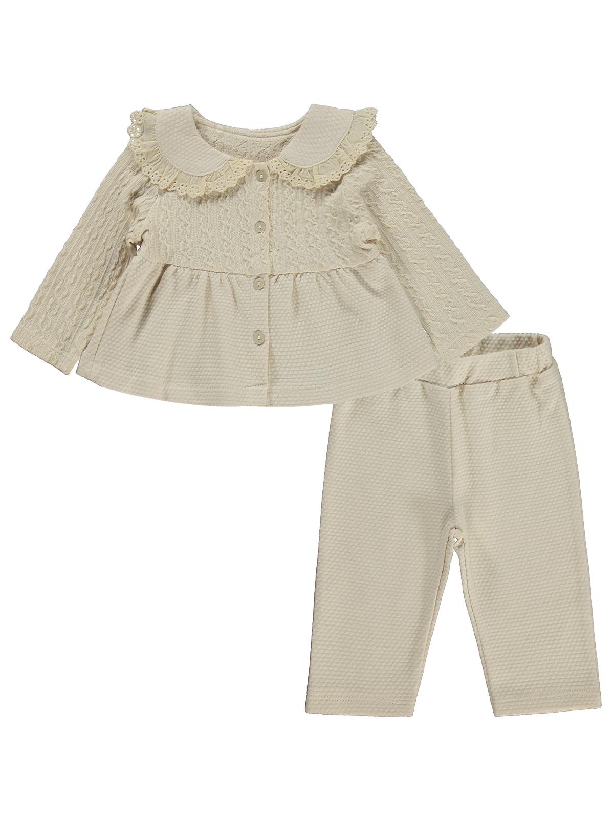 Kumru Yakası Fistolu Zincir Desenli 2 Li 6-18 Ay Takım - Bej