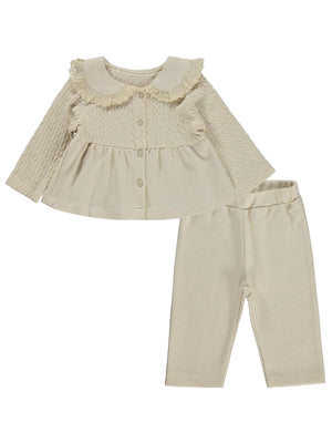 Kumru Yakası Fistolu Zincir Desenli 2 Li 6-18 Ay Takım - Bej