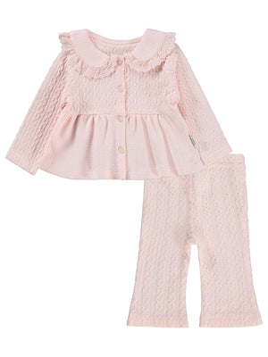 Kumru Yakası Fistolu Zincir Desenli 2 Li 6-18 Ay Takım - Pembe