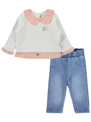 Kumru Kalp Nakışlı 2 Li Kot 6-18 Ay Takım - Ekru