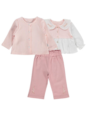 Lüks Kumru Yakası Nakışlı Hırkalı 3 Lü 6-18 Ay Takım - Pudra