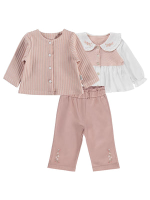 Lüks Kumru Yakası Nakışlı Hırkalı 3 Lü 6-18 Ay Takım - Pembe