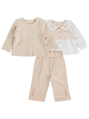 Lüks Kumru Yakası Nakışlı Hırkalı 3 Lü 6-18 Ay Takım - Bej
