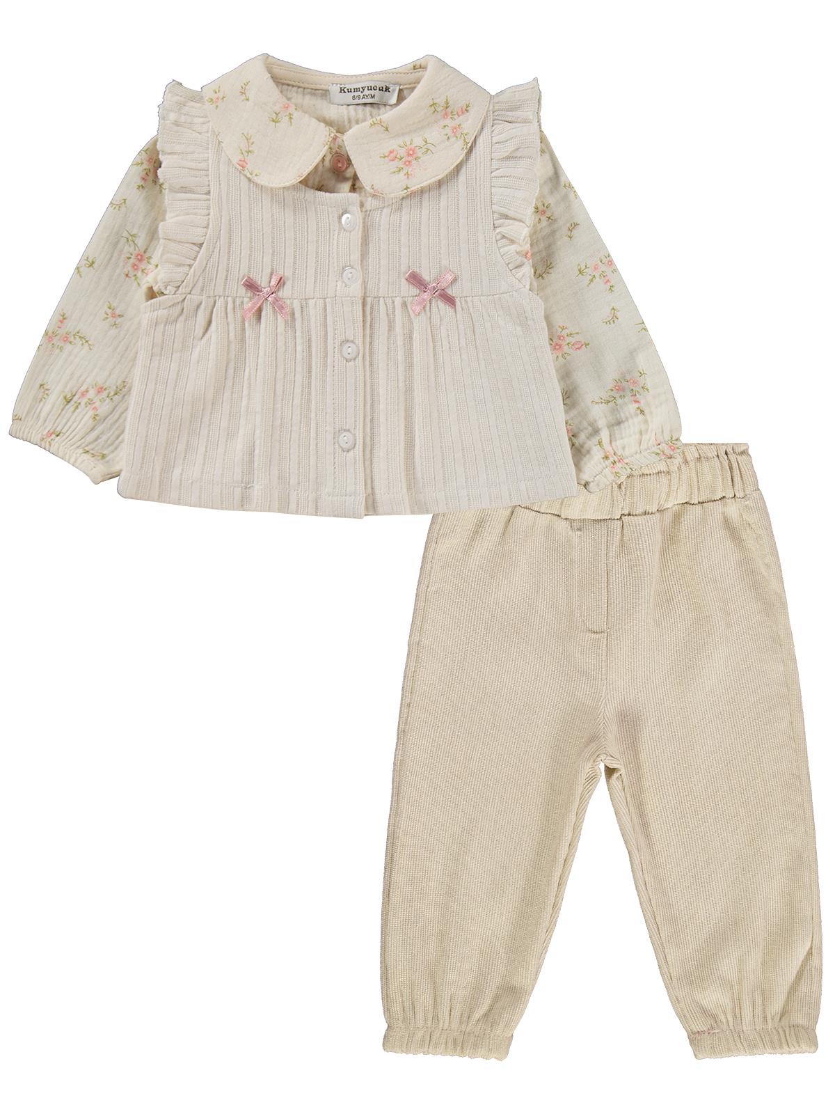 Lüks Kumru Müslin Gömlek Yelek 3 lü 6-18 Ay Takım - Bej