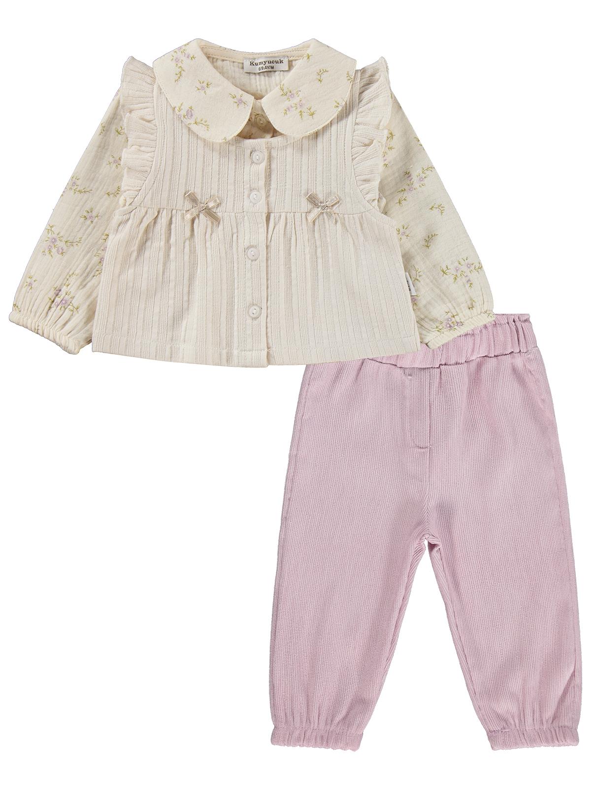 Lüks Kumru Müslin Gömlek Yelek 3 lü 6-18 Ay Takım - Pembe