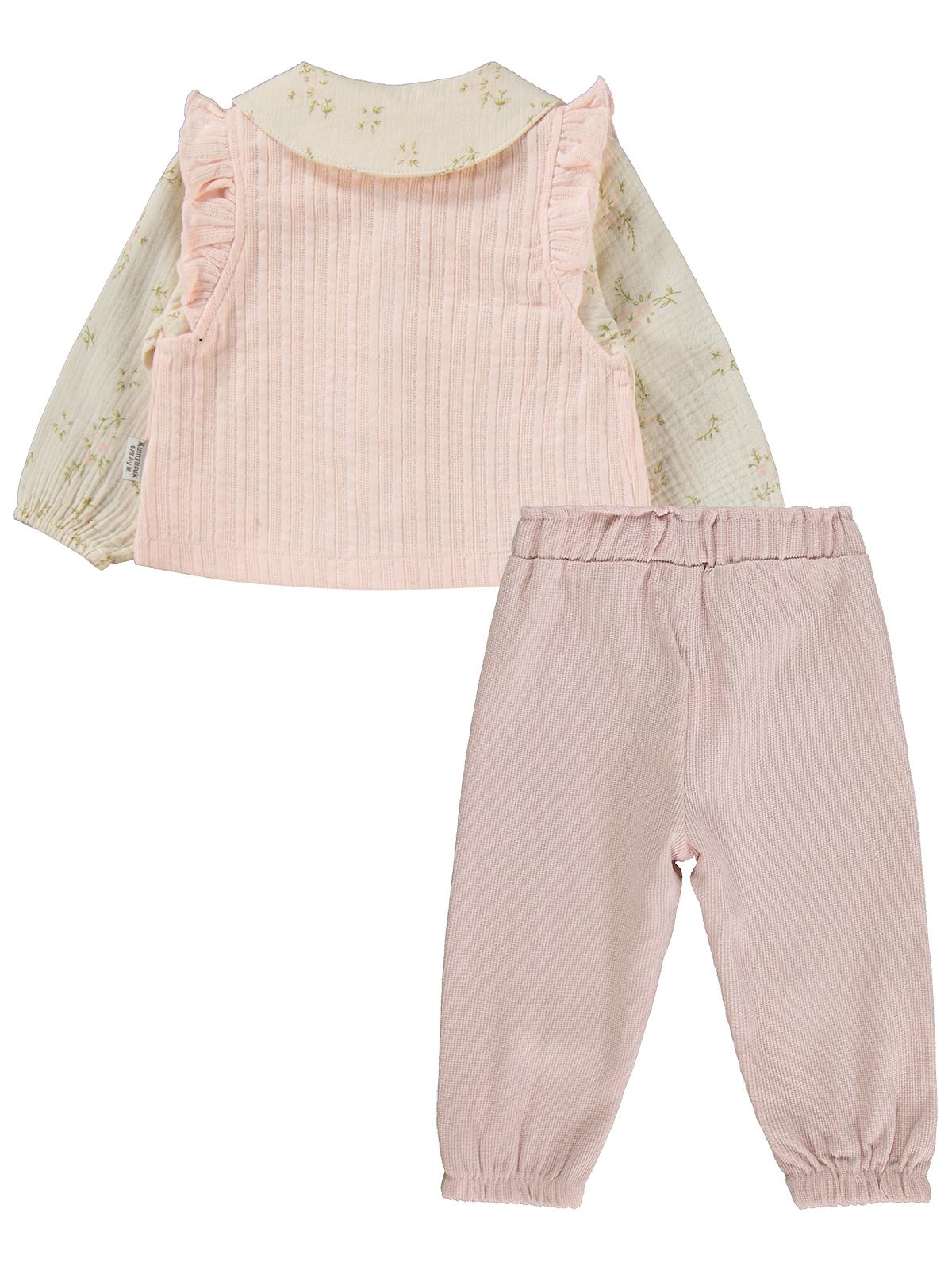 Lüks Kumru Müslin Gömlek Yelek 3 lü 6-18 Ay Takım - Pudra