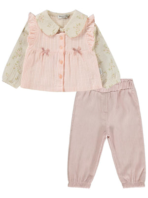 Lüks Kumru Müslin Gömlek Yelek 3 lü 6-18 Ay Takım - Pudra