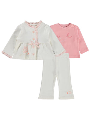 Lüks Kumru Kelebek Nakışlı 3 lü Hırkalı 6-18 Ay Takım - Ekru