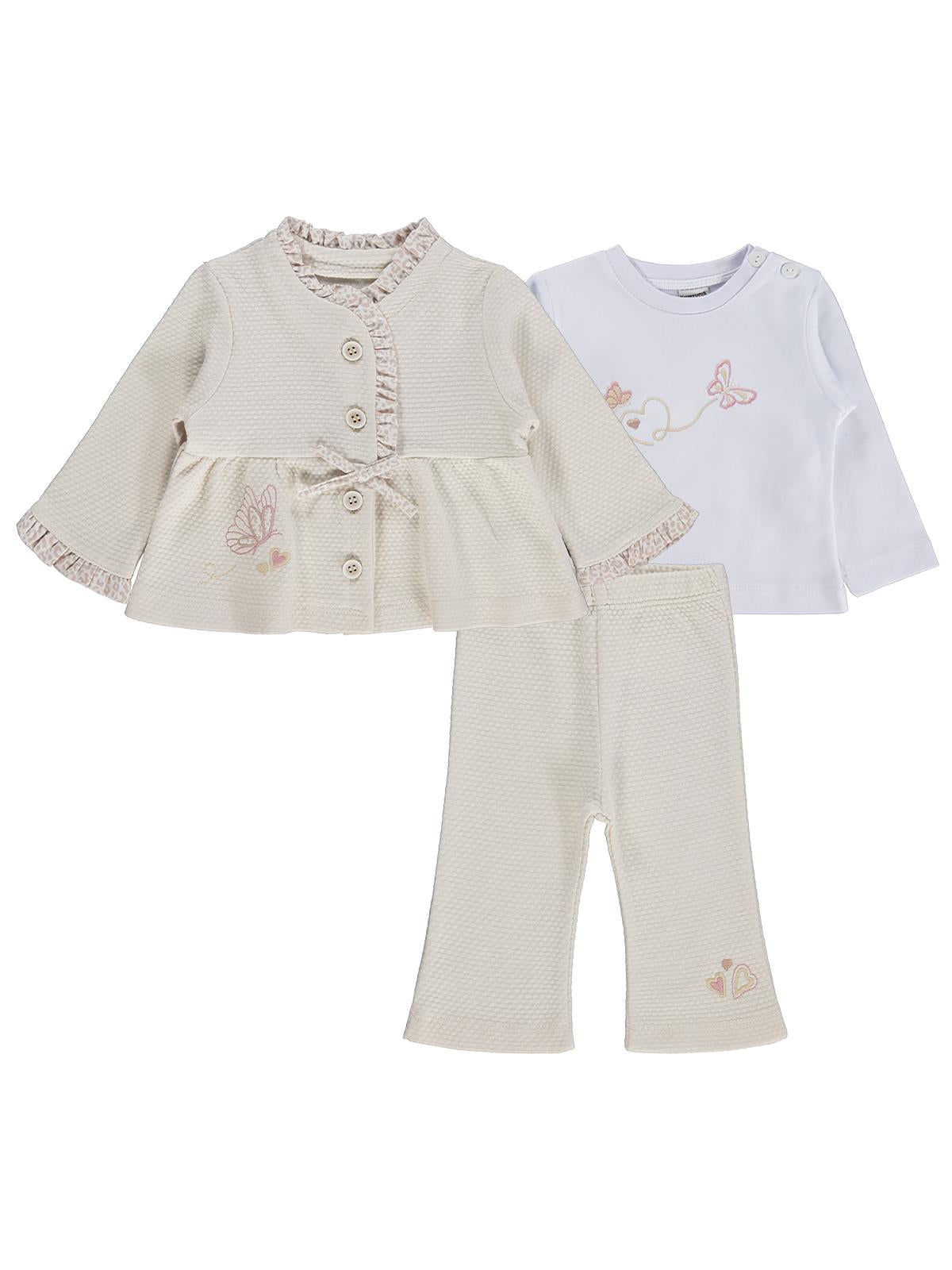 Lüks Kumru Kelebek Nakışlı 3 lü Hırkalı 6-18 Ay Takım - Bej