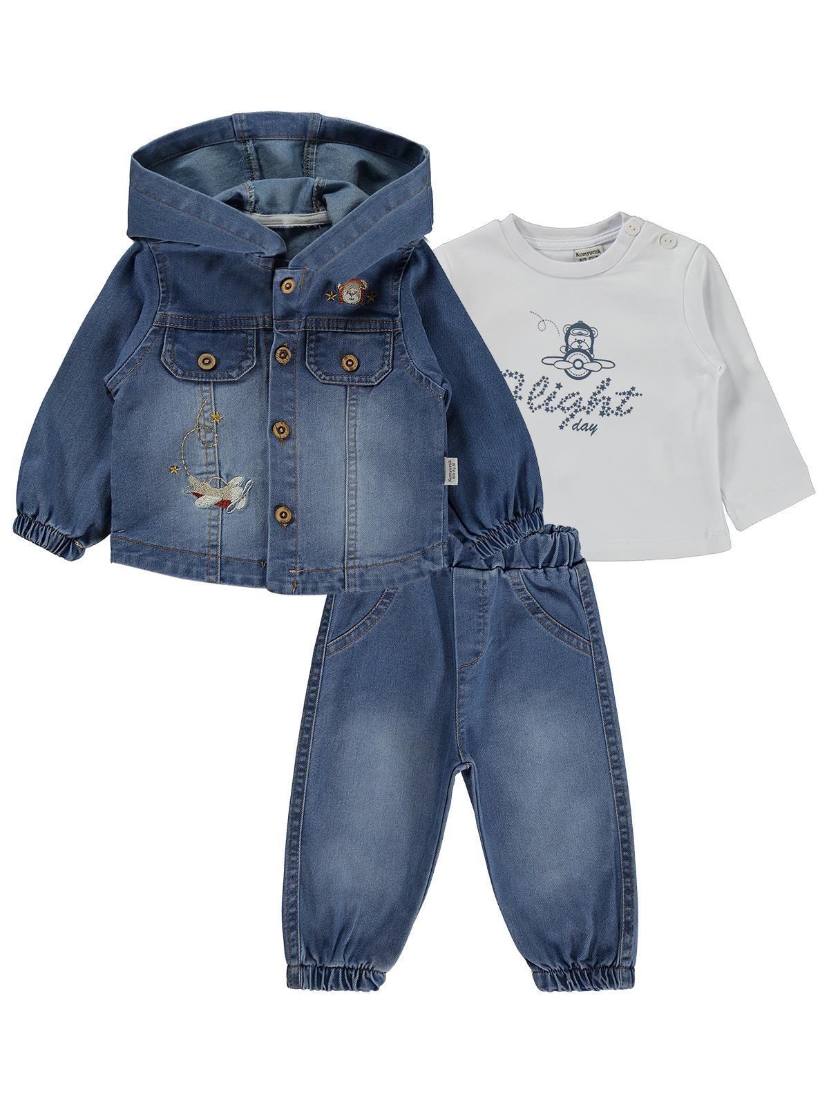 Kumru Kapşonlu Kot 3 Lü 6-18 Ay Takım - Mavi