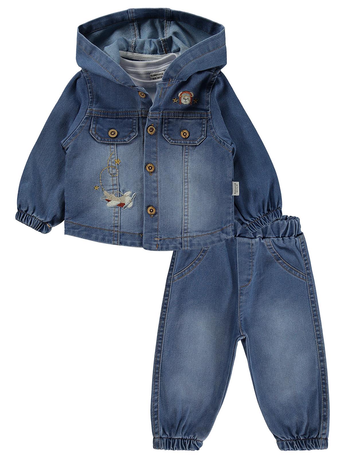 Kumru Kapşonlu Kot 3 Lü 6-18 Ay Takım - Mavi