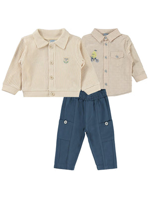 Kumru Hırka Nakışlı Gömlek Pantolon 6-18 Ay Takım - Bej