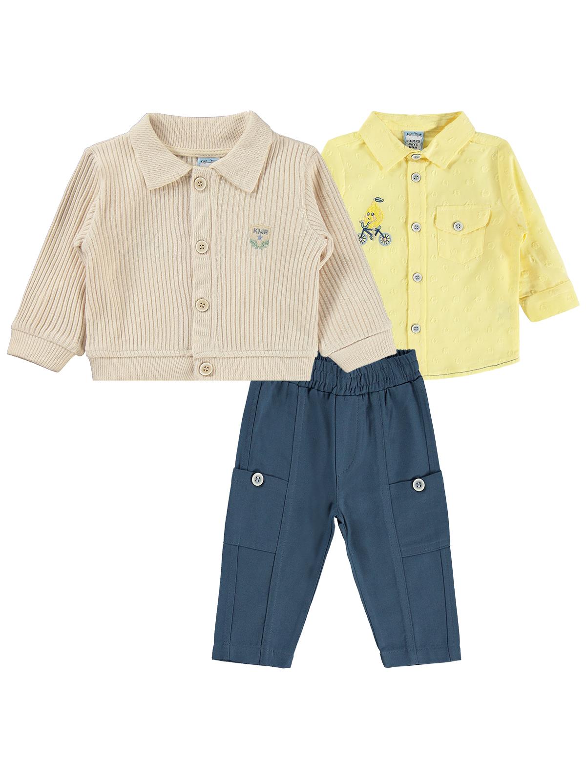 Lüks Kumru Tekstil Hırka Nakışlı Gömlek Pantolon 6-18 Ay Takım - Sarı