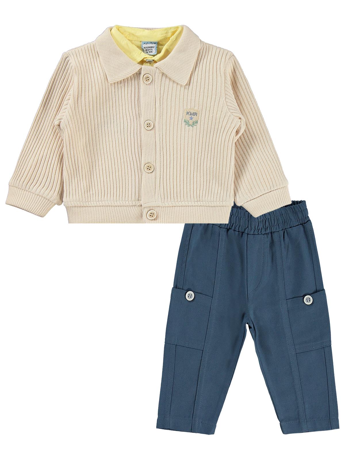 Lüks Kumru Tekstil Hırka Nakışlı Gömlek Pantolon 6-18 Ay Takım - Sarı