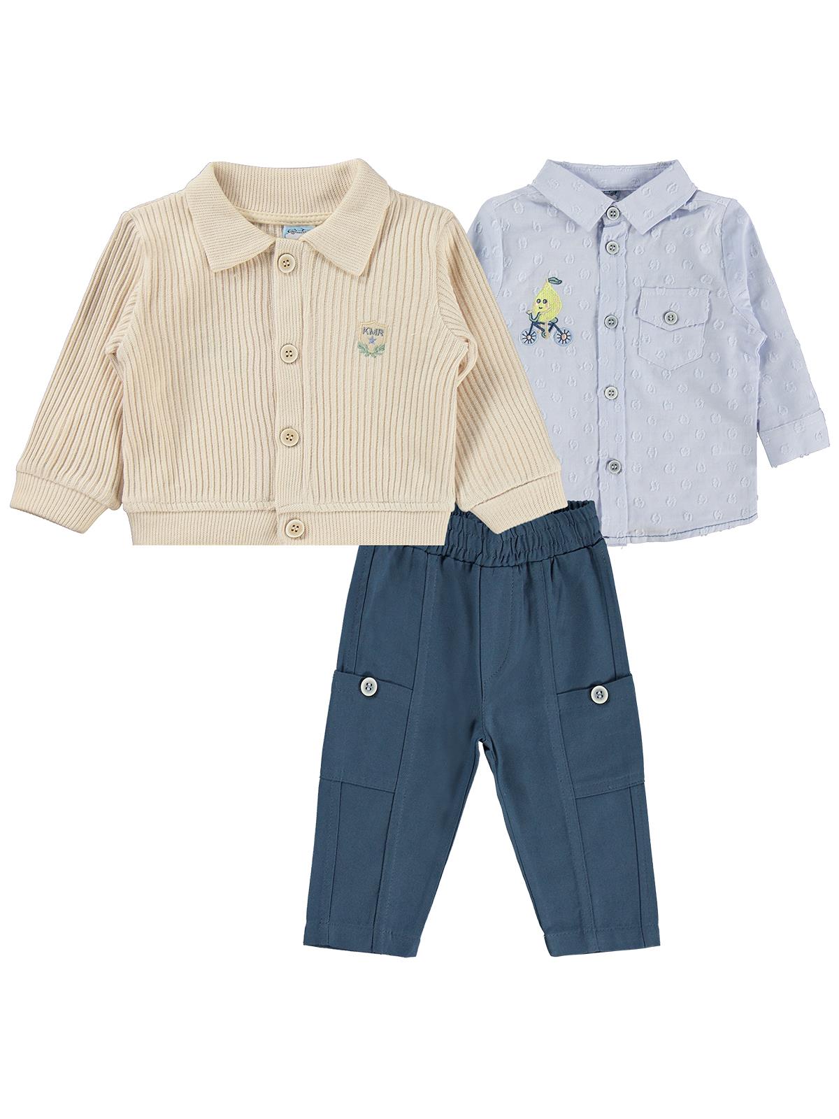 Lüks Kumru Tekstil Hırka Nakışlı Gömlek Pantolon 6-18 Ay Takım - Mavi