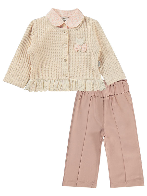 Kumru Leopar Gömlek Dantelli Hırka 3 Lü 6-18 Ay Takım - Pudra