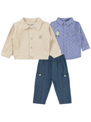 Kumru Hırka Nakışlı Gömlek Pantolon 6-18 Ay Takım - Mavi
