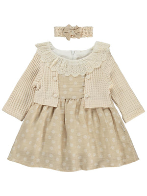 Lüks Kumru Tekstil Süs Bolerolu Bandanalı 6-18 Ay Elbise - Bej