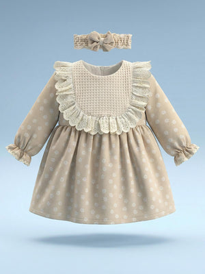 Lüks Kumru Roba Fistolu Bandanalı 6-18 Ay Elbise - Bej