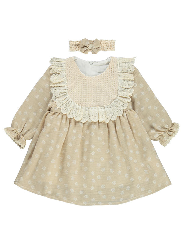 Kumru Roba Fistolu Bandanalı 6-18 Ay Elbise - Bej