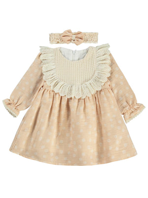 Lüks Kumru Roba Fistolu Bandanalı 6-18 Ay Elbise - Pudra