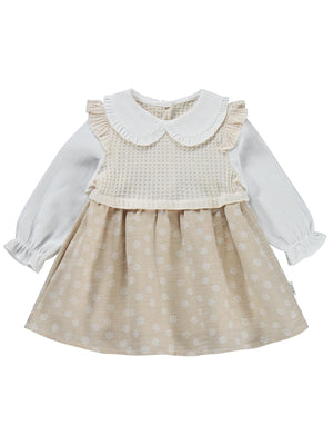 Kumru Yakalı Omuz Fırfırlı 6-18 Ay Elbise - Bej