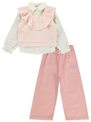 Civil Girls V Yaka Süeter Pantolon 3 Lü 2-5 Yaş Takım - Pembe