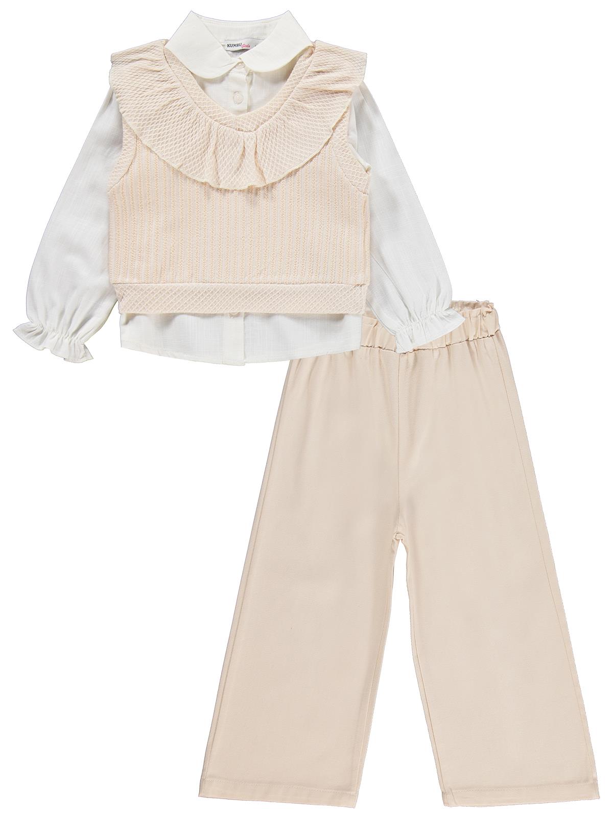 Civil Girls V Yaka Süeter Pantolon 3 Lü 2-5 Yaş Takım - Bej